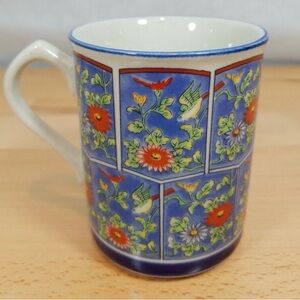 Vintage Red and Blue Coffee/Tea Mug with an Asian Floral & Bird Panel Otagarit